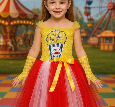 Popcorn Carnival Tutu Dress – Toddler Girl Circus Costume with Headband & Gloves