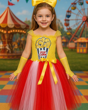 Popcorn Carnival Tutu Dress – Toddler Girl Circus Costume with Headband & Gloves