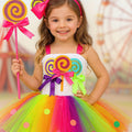 Candyland Carnival Tutu Dress Set – Rainbow Lollipop Costume with Wand & Bow Headband