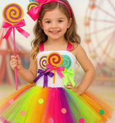 Candyland Carnival Tutu Dress Set – Rainbow Lollipop Costume with Wand & Bow Headband