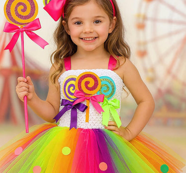 Candyland Carnival Tutu Dress Set – Rainbow Lollipop Costume with Wand & Bow Headband
