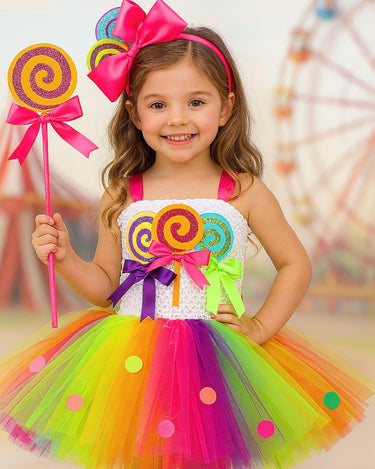 Candyland Carnival Tutu Dress Set – Rainbow Lollipop Costume with Wand & Bow Headband