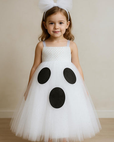 Toddler Ghost Tutu Dress with Headband – Girls Halloween Costume, Spooky Cute Baby Ghost Outfit, White Tulle Dress with Face Design