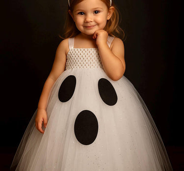 Toddler Ghost Tutu Dress with Headband – Girls Halloween Costume, Spooky Cute Baby Ghost Outfit, White Tulle Dress with Face Design