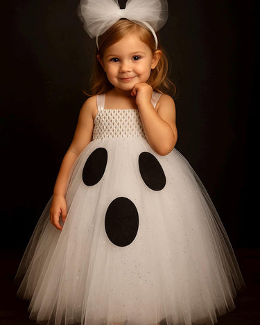 Toddler Ghost Tutu Dress with Headband – Girls Halloween Costume, Spooky Cute Baby Ghost Outfit, White Tulle Dress with Face Design