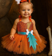 Pebbles Inspired Tutu Dress with Matching Bone Headband – Girls Flintstones Halloween Costume