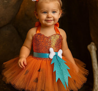 Pebbles Inspired Tutu Dress with Matching Bone Headband – Girls Flintstones Halloween Costume