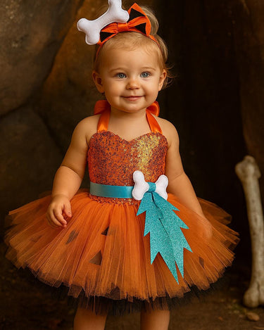 Pebbles Inspired Tutu Dress with Matching Bone Headband – Girls Flintstones Halloween Costume
