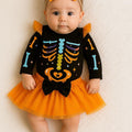 Baby Halloween Skeleton Outfit Set – Colorful Bones Onesie with Tutu Skirt & Bow Headband – Twin Costume Option – 0 to 18 Months