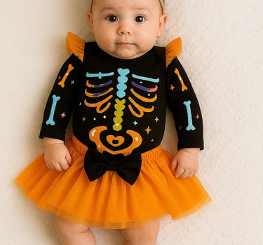 Baby Halloween Skeleton Outfit Set – Colorful Bones Onesie with Tutu Skirt & Bow Headband – Twin Costume Option – 0 to 18 Months