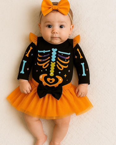 Baby Halloween Skeleton Outfit Set – Colorful Bones Onesie with Tutu Skirt & Bow Headband – Twin Costume Option – 0 to 18 Months