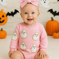 Baby Halloween Romper Set with Matching Bows – Pumpkin and Ghost Long Sleeve Outfits – 0-18 Months – Fall and Halloween Baby Clothes