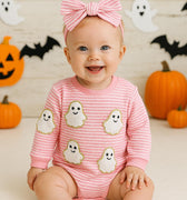 Baby Halloween Romper Set with Matching Bows – Pumpkin and Ghost Long Sleeve Outfits – 0-18 Months – Fall and Halloween Baby Clothes