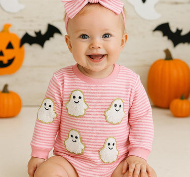 Baby Halloween Romper Set with Matching Bows – Pumpkin and Ghost Long Sleeve Outfits – 0-18 Months – Fall and Halloween Baby Clothes