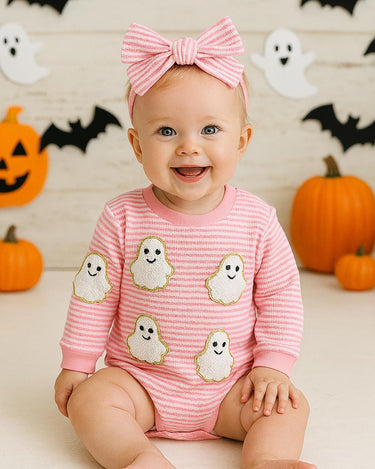 Baby Halloween Romper Set with Matching Bows – Pumpkin and Ghost Long Sleeve Outfits – 0-18 Months – Fall and Halloween Baby Clothes