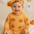 Baby Halloween Romper Set with Matching Bows – Pumpkin and Ghost Long Sleeve Outfits – 0-18 Months – Fall and Halloween Baby Clothes