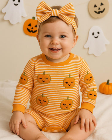 Baby Halloween Romper Set with Matching Bows – Pumpkin and Ghost Long Sleeve Outfits – 0-18 Months – Fall and Halloween Baby Clothes