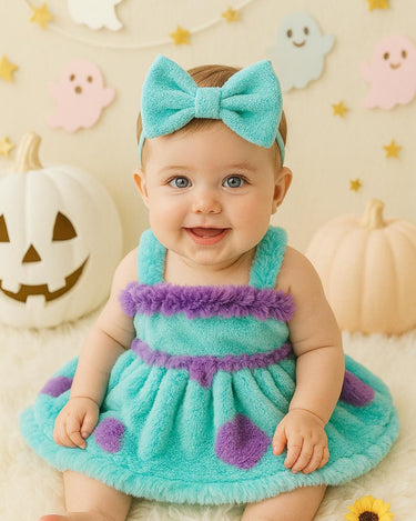 Baby Sully Costume Romper Dress with Bow – Monster Inc Inspired Furry Outfit – Infant to 18 Months – Halloween or Birthday Party Dress