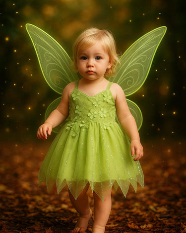 Baby Toddler Tinker Bell Costume with Wings – Green Fairy Dress for Girls, Halloween & Birthday Outfit