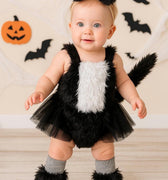 Baby Skunk Costume Outfit – 3-24M Furry Tutu Romper with Tail, Bow Headband and Leg Warmers – Infant & Toddler Halloween Animal Dress-Up