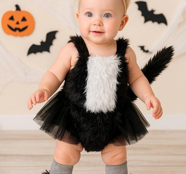 Baby Skunk Costume Outfit – 3-24M Furry Tutu Romper with Tail, Bow Headband and Leg Warmers – Infant & Toddler Halloween Animal Dress-Up