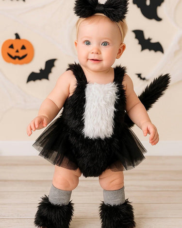 Baby Skunk Costume Outfit – 3-24M Furry Tutu Romper with Tail, Bow Headband and Leg Warmers – Infant & Toddler Halloween Animal Dress-Up