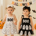 Baby Girl Halloween Ghost Dress - BOO Tutu Outfit with Bow - Black and White Matching Dresses - Sizes 0-24M