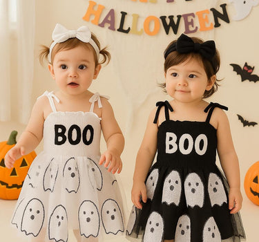 Baby Girl Halloween Ghost Dress - BOO Tutu Outfit with Bow - Black and White Matching Dresses - Sizes 0-24M
