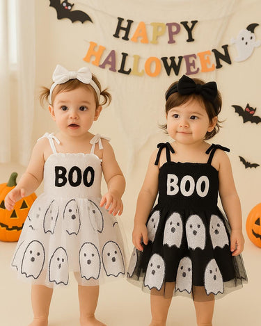 Baby Girl Halloween Ghost Dress - BOO Tutu Outfit with Bow - Black and White Matching Dresses - Sizes 0-24M