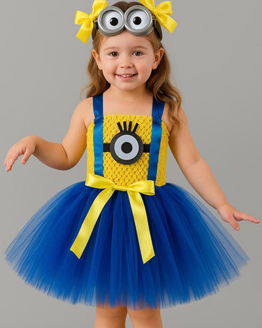 Girls Minion Tutu Dress Costume with Goggles & Bows – Despicable Me Birthday Outfit, Halloween Minion Dress for Toddler or Child