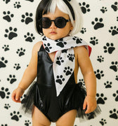 Baby and Toddler Cruella Costume - Black Romper and Dalmatian Scarf | Sizes 3M-3T | Villain Halloween Outfit