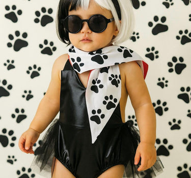 Baby and Toddler Cruella Costume - Black Romper and Dalmatian Scarf | Sizes 3M-3T | Villain Halloween Outfit
