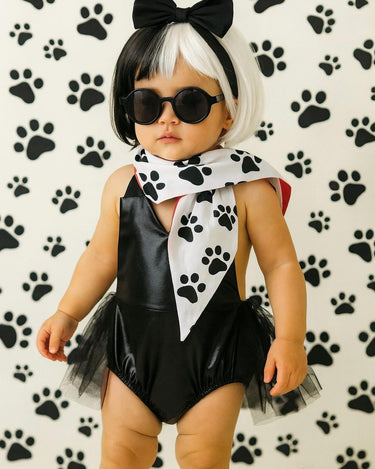 Baby and Toddler Cruella Costume - Black Romper and Dalmatian Scarf | Sizes 3M-3T | Villain Halloween Outfit
