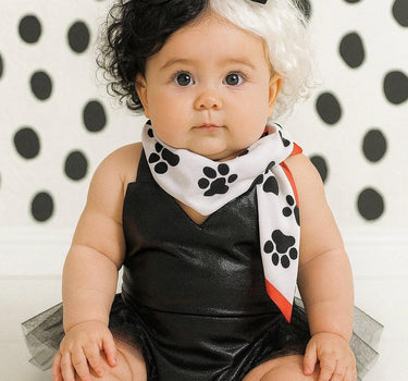 Baby and Toddler Cruella Costume - Black Romper and Dalmatian Scarf | Sizes 3M-3T | Villain Halloween Outfit