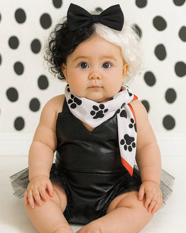 Baby and Toddler Cruella Costume - Black Romper and Dalmatian Scarf | Sizes 3M-3T | Villain Halloween Outfit