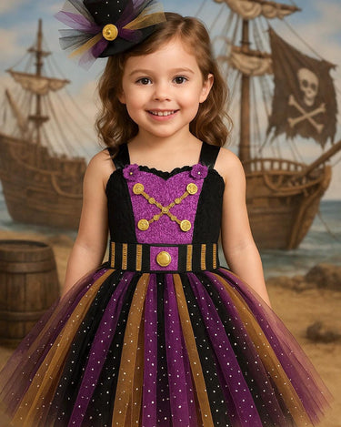 Girls Pirate Tutu Costume – Toddler Halloween Dress with Clip-On Pirate Hat | Buccaneer Dress Up Outfit