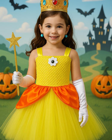 Princess Daisy Tutu Dress with Accessories – Crown Headband, Earrings, Wand and White Gloves – Girls Yellow & Orange Costume – Sizes 12M-14T