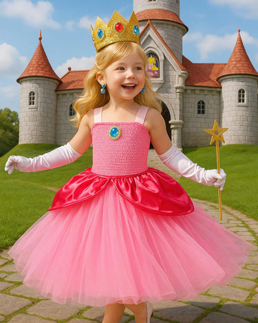 Princess Peach Tutu Dress with Crown, Wand, Gloves & Earrings – Kids Cosplay Costume Birthday Outfit