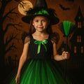 Elphaba Tutu Dress with Witch Hat & Broom – Wicked Green and Black Costume with Feather Trim – Girls Halloween Outfit – Sizes 12M-14T