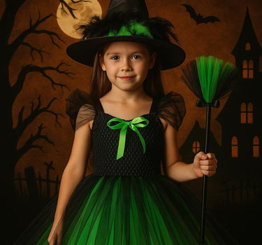 Elphaba Tutu Dress with Witch Hat & Broom – Wicked Green and Black Costume with Feather Trim – Girls Halloween Outfit – Sizes 12M-14T