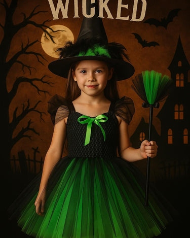 Elphaba Tutu Dress with Witch Hat & Broom – Wicked Green and Black Costume with Feather Trim – Girls Halloween Outfit – Sizes 12M-14T