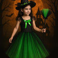 Elphaba Tutu Dress with Witch Hat & Broom – Wicked Green and Black Costume with Feather Trim – Girls Halloween Outfit – Sizes 12M-14T