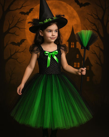 Elphaba Tutu Dress with Witch Hat & Broom – Wicked Green and Black Costume with Feather Trim – Girls Halloween Outfit – Sizes 12M-14T