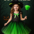 Elphaba Tutu Dress with Witch Hat & Broom – Wicked Green and Black Costume with Feather Trim – Girls Halloween Outfit – Sizes 12M-14T