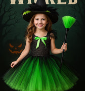 Elphaba Tutu Dress with Witch Hat & Broom – Wicked Green and Black Costume with Feather Trim – Girls Halloween Outfit – Sizes 12M-14T
