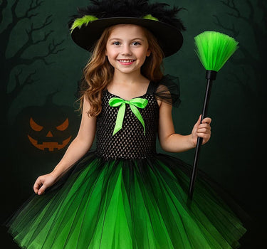 Elphaba Tutu Dress with Witch Hat & Broom – Wicked Green and Black Costume with Feather Trim – Girls Halloween Outfit – Sizes 12M-14T