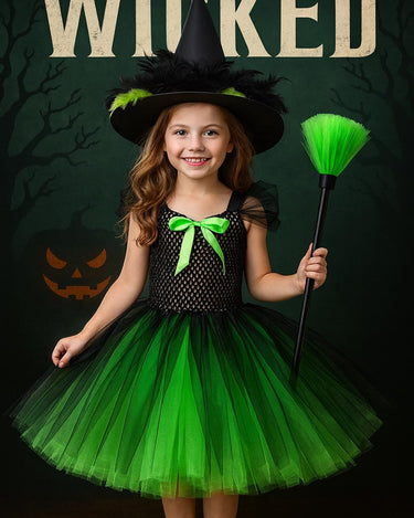 Elphaba Tutu Dress with Witch Hat & Broom – Wicked Green and Black Costume with Feather Trim – Girls Halloween Outfit – Sizes 12M-14T