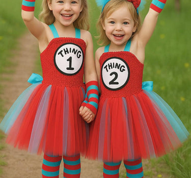 Thing 1 & Thing 2 Tutu Dress Set – Cat in the Hat Costume for Girls – Inspired Birthday Outfit with Headband, Tights and Sleeves