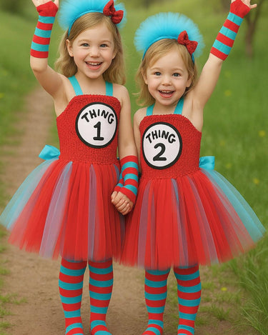 Thing 1 & Thing 2 Tutu Dress Set – Cat in the Hat Costume for Girls – Inspired Birthday Outfit with Headband, Tights and Sleeves