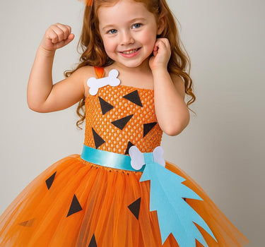 Pebbles Costume Tutu Dress for Girls – Toddler Halloween Outfit with Bone Headband – Flintstones Baby Dress